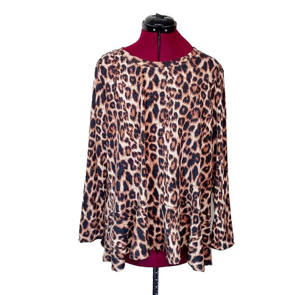 Love Ady Women’s Top 1X Animal Print Waffle Knit Peplum Blouse Multicolor